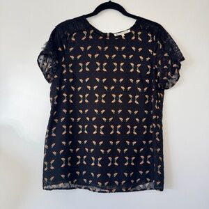 Daniel Rainn Blouse Animal Print Bird Lined Short Sleeve Lace Top Shirt Sz M